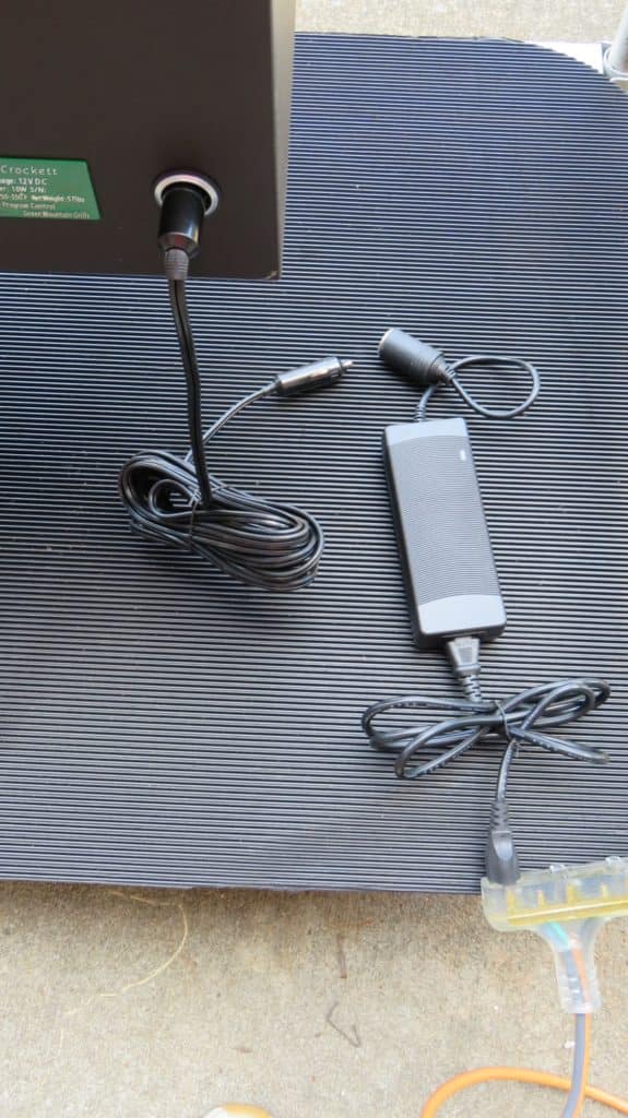 Green Mountain Grills Davy Crockett portable power connections include a 12 volt car adapter